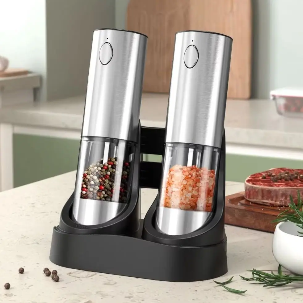 Electric Automatic Salt and Pepper Grinder Set Adjustable Coarseness USB Rechargeable Battery Powered Spice Mill With LED Light