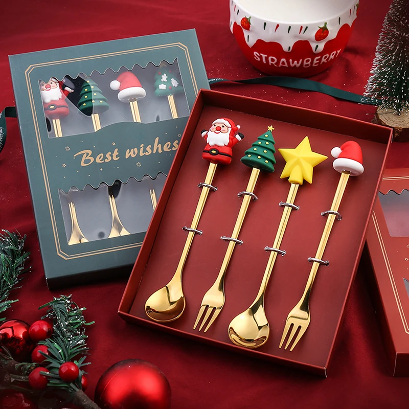 4PCS6PCS Christmas Gift Cutlery Spoon Fork Set Elk Tree Dessert Spoon Fruit Fork