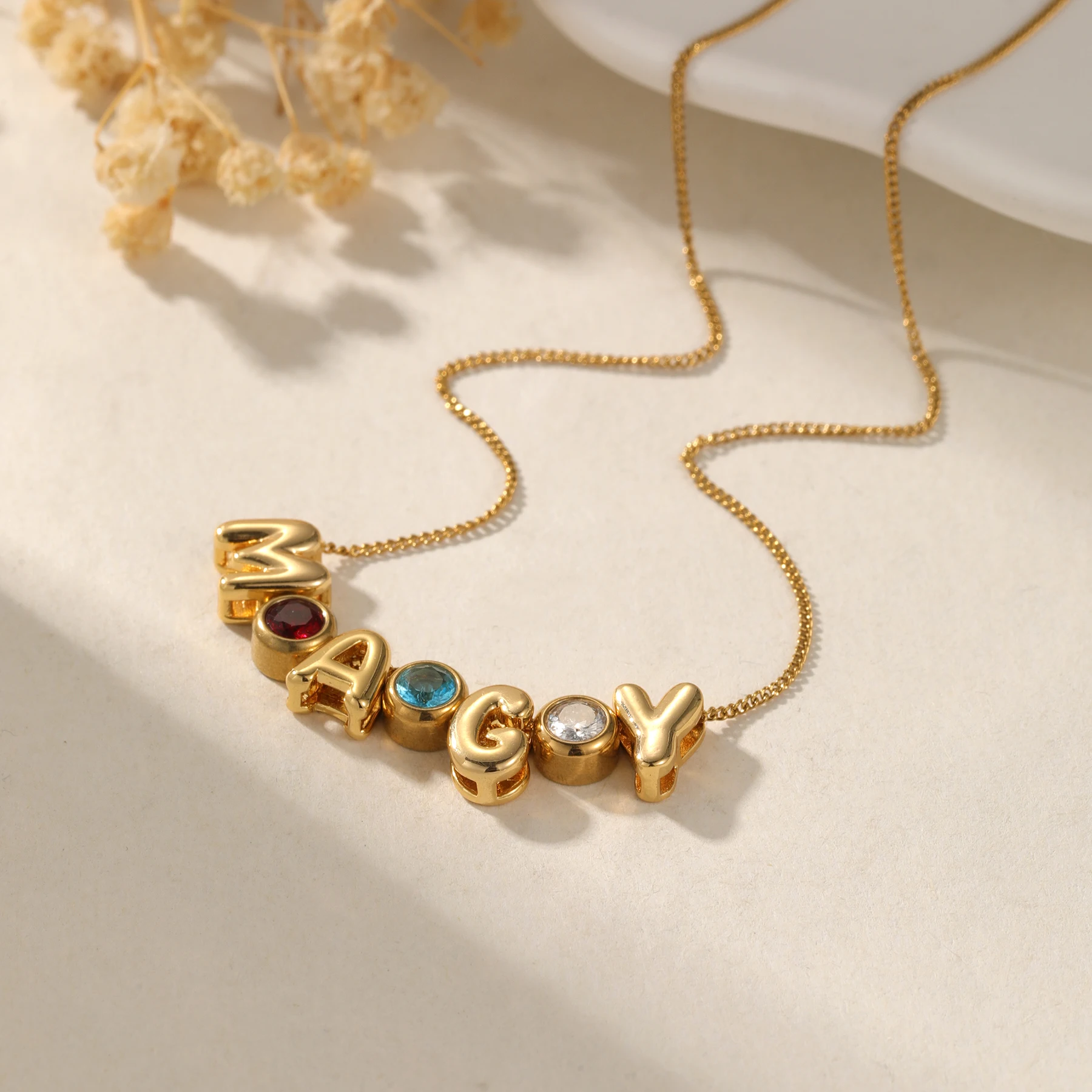 

Custom Initial Name Necklace Personalized Bubble Letter Birthstone Pendant 3D Puff Balloon Letter Jewelry Family Gift for Women