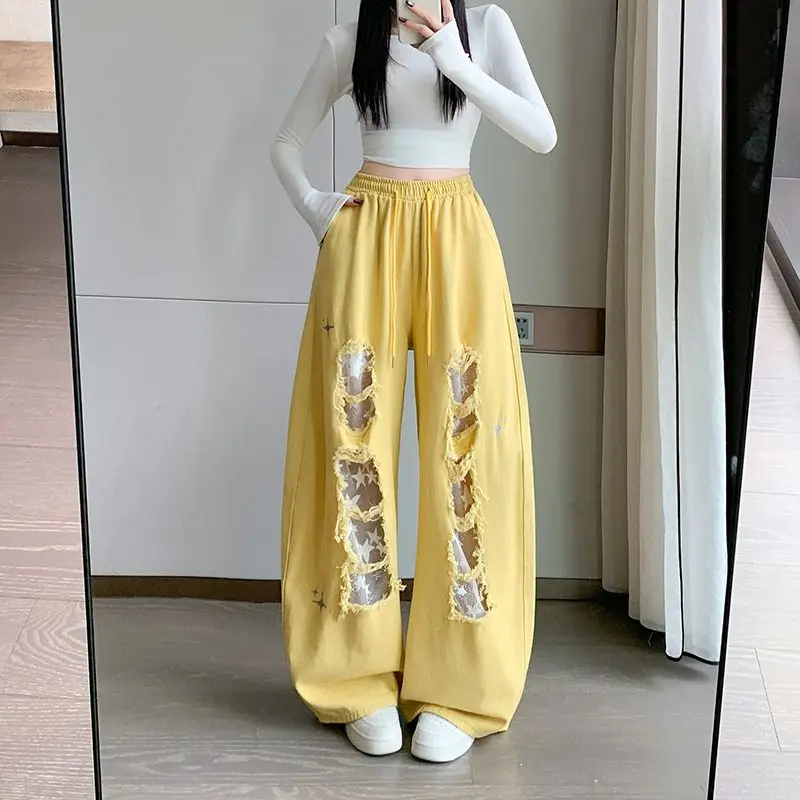 

Women's Yellow Jeans American Hight Street Ripped Lace Patchwork Scimitar Pants Fashion Embroidered Elastic Waist Wide-Leg Pants