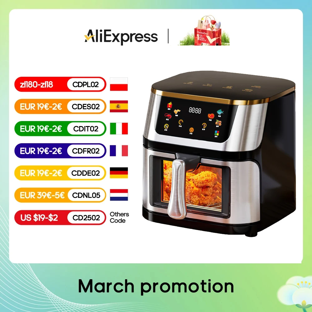 2800W Air Fryer 12L Stainless Steel Visible wide Capacity Electric Oven Touch glass Multifunctional Electric Fryer