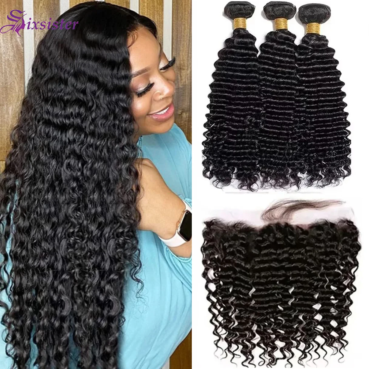 

Бразильская глубокая волна 13X4 Кружевная фронтальная часть с 3 пучками натуральных человеческих волос Глубокие вьющиеся пучки от уха до уха Кружевная фронтальная часть с пучками