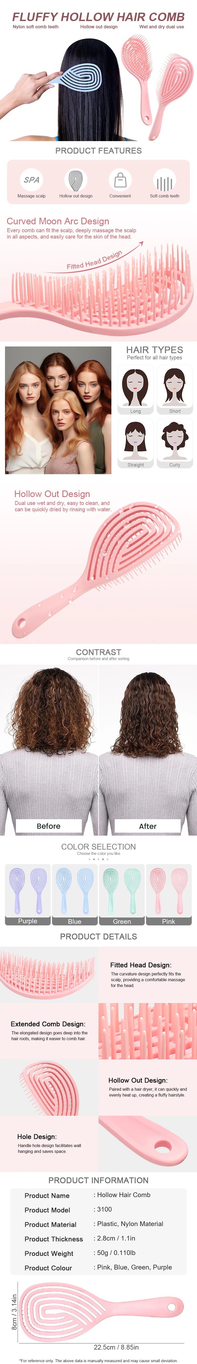 Ausgehöhlte Haarbürste – schnell trocknender Kopfhaut-Massagekamm für lockiges/nasses Haar, Entwirrungs- und Styling-Werkzeug – Detail 1