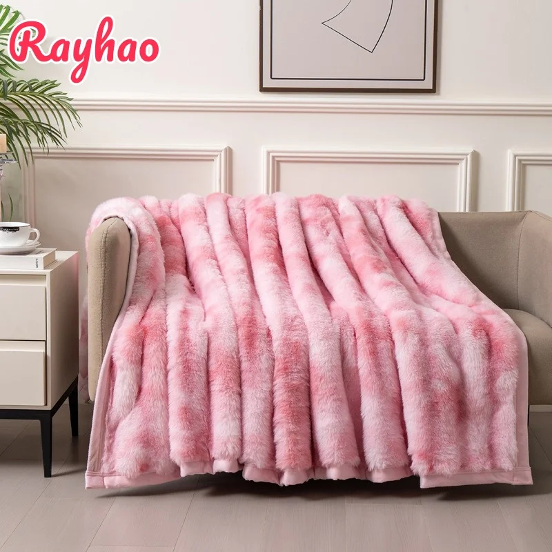 

Single Tie Dye Double-sided Artificial Rabbit Fur Blanket Autumn Winter Thick Nap Blanket Sofa Cover Bed Plush Throw Blankets