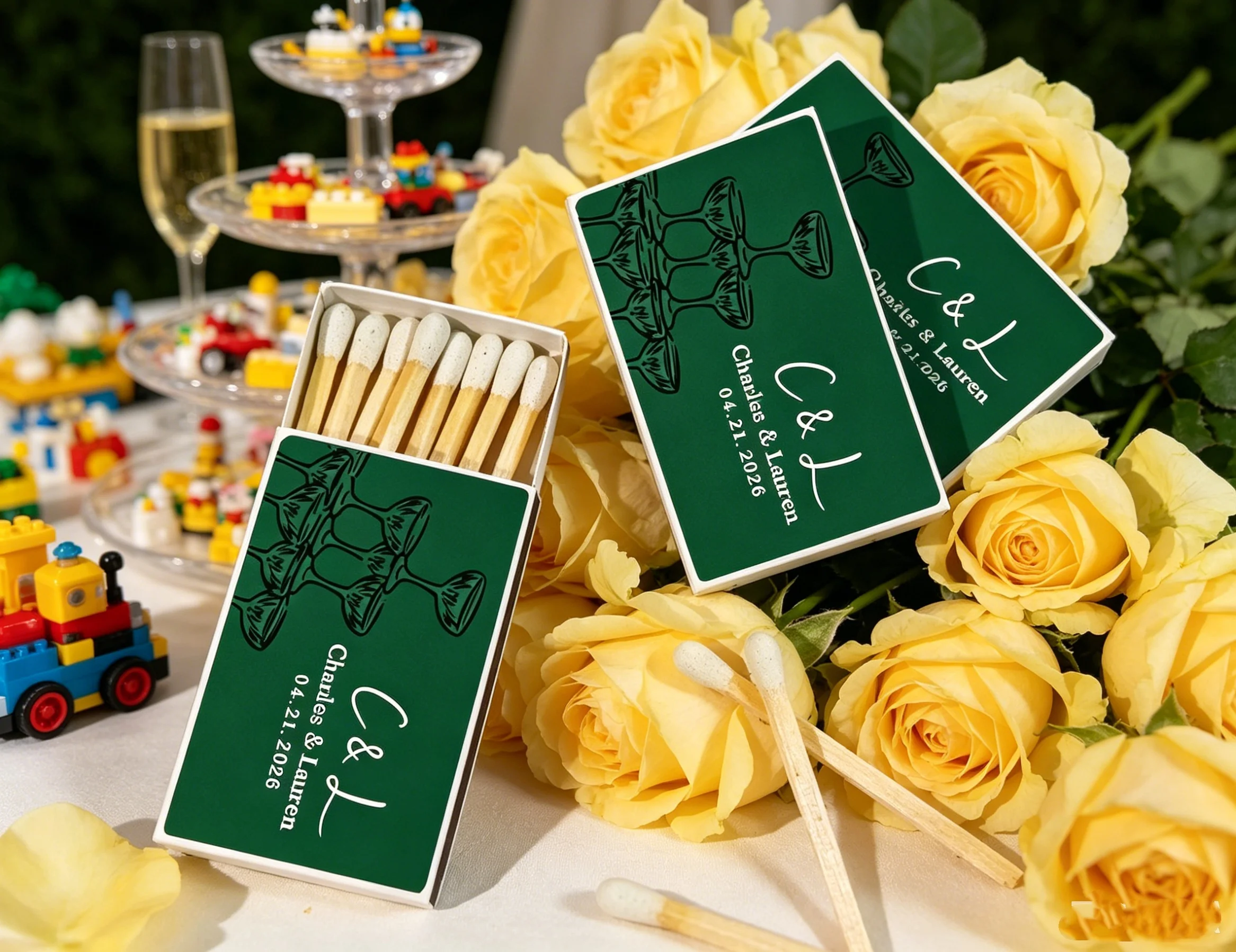 

Custom Champagne Tower Matchboxes, Personalized Wedding Favor Matches & Art Matchbooks for Rehearsal Dinner & Party Guests