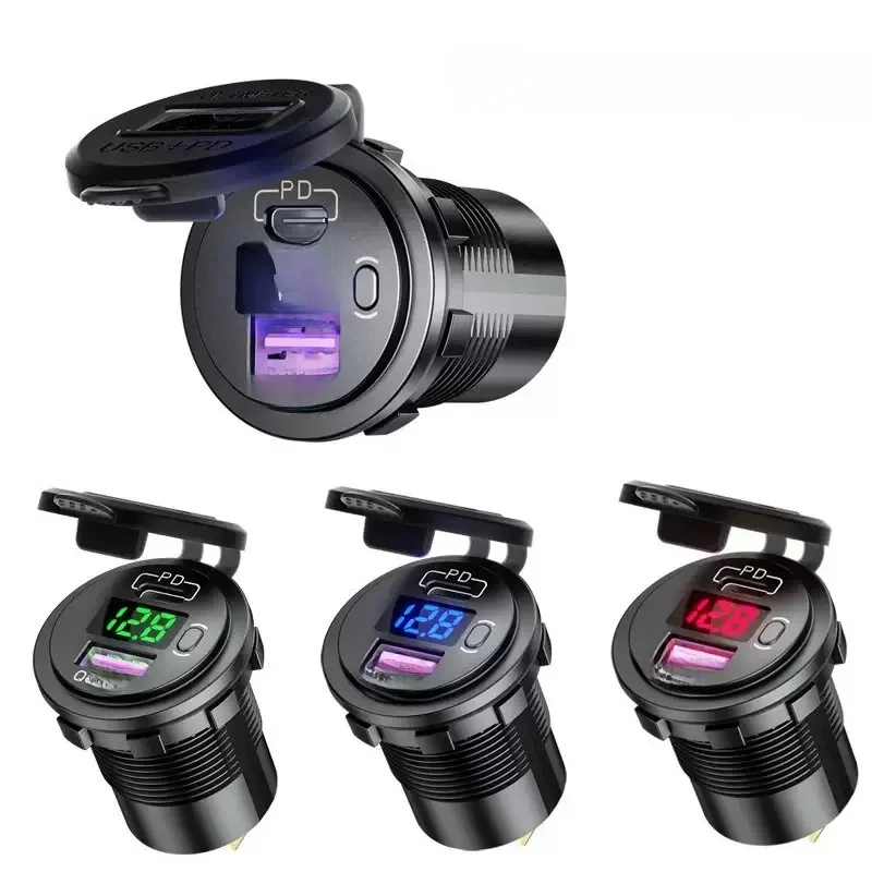 Prise de chargeur de voiture USB C 12V/24V, double prise USB PD3.0 et QC3.0, Port USB de voiture avec voltmètre LED et interrupteur marche/arrêt