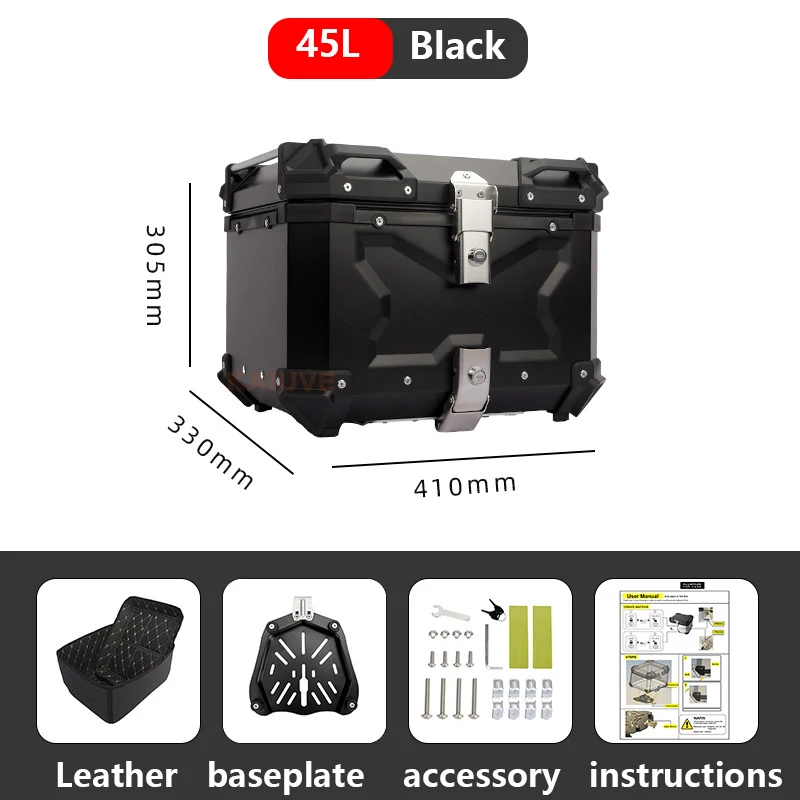 45L CNC aluminum alloy moto top box universal helmet box rear luggage helmet box luggage waterproof key lock tail toolbox