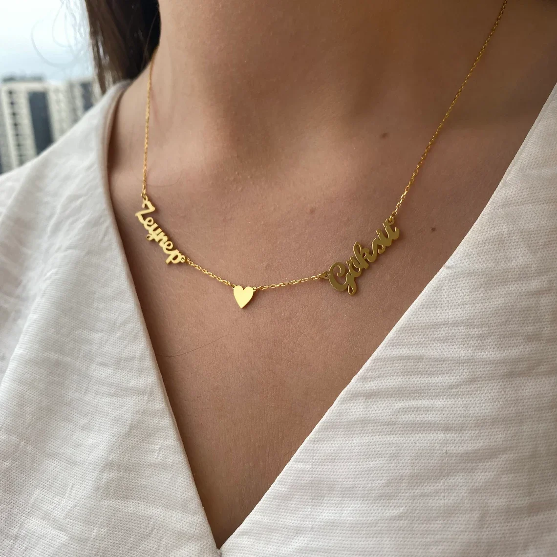 Dainty Two Name Necklace For Women Double Name Necklace with Heart  Couples NecklaceGift For Her