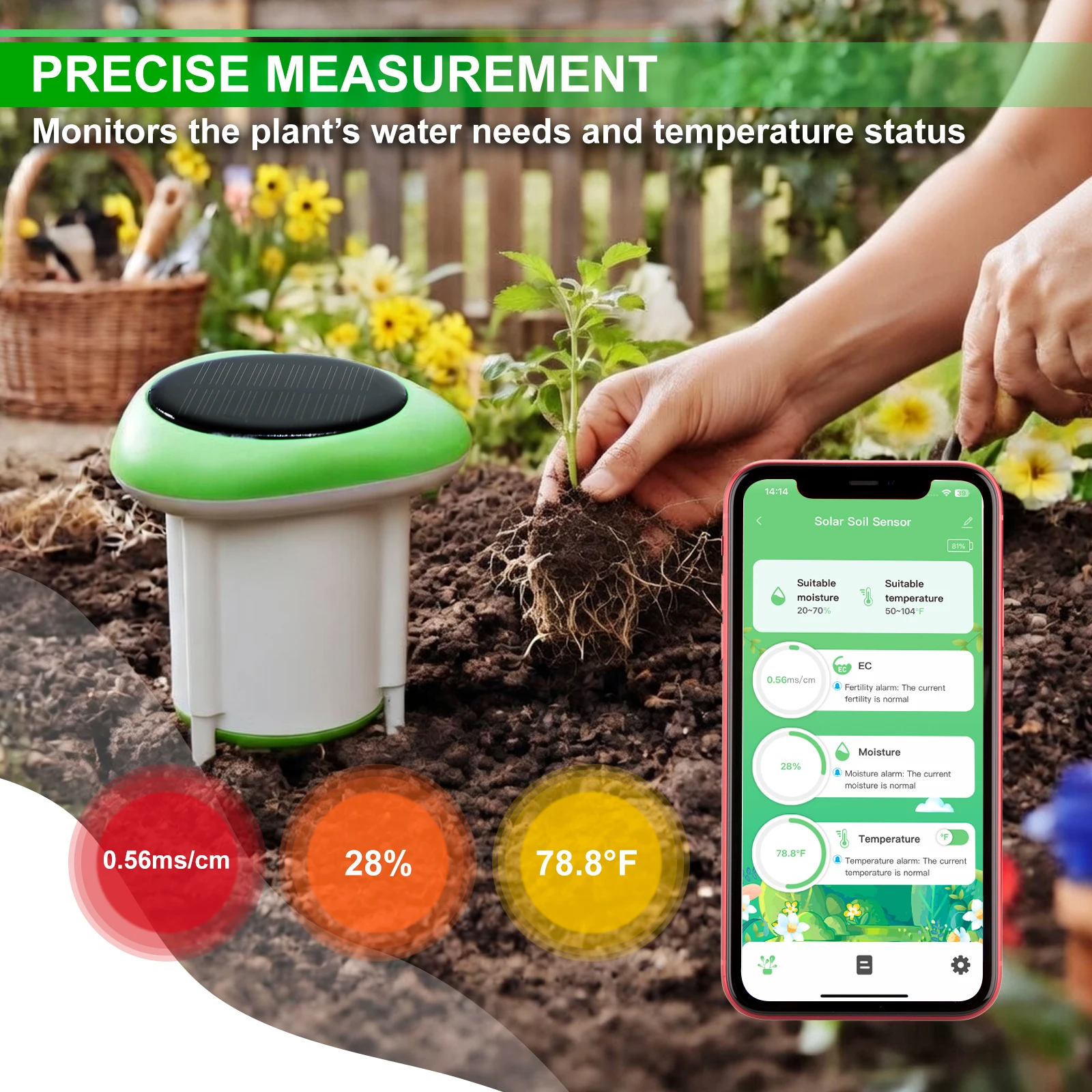 

Solar Smart Soil Sensor WiFi + Bluetooth 5.0 Monitors Moisture, Temperature & Conductivity Works with Smart Life App for Home