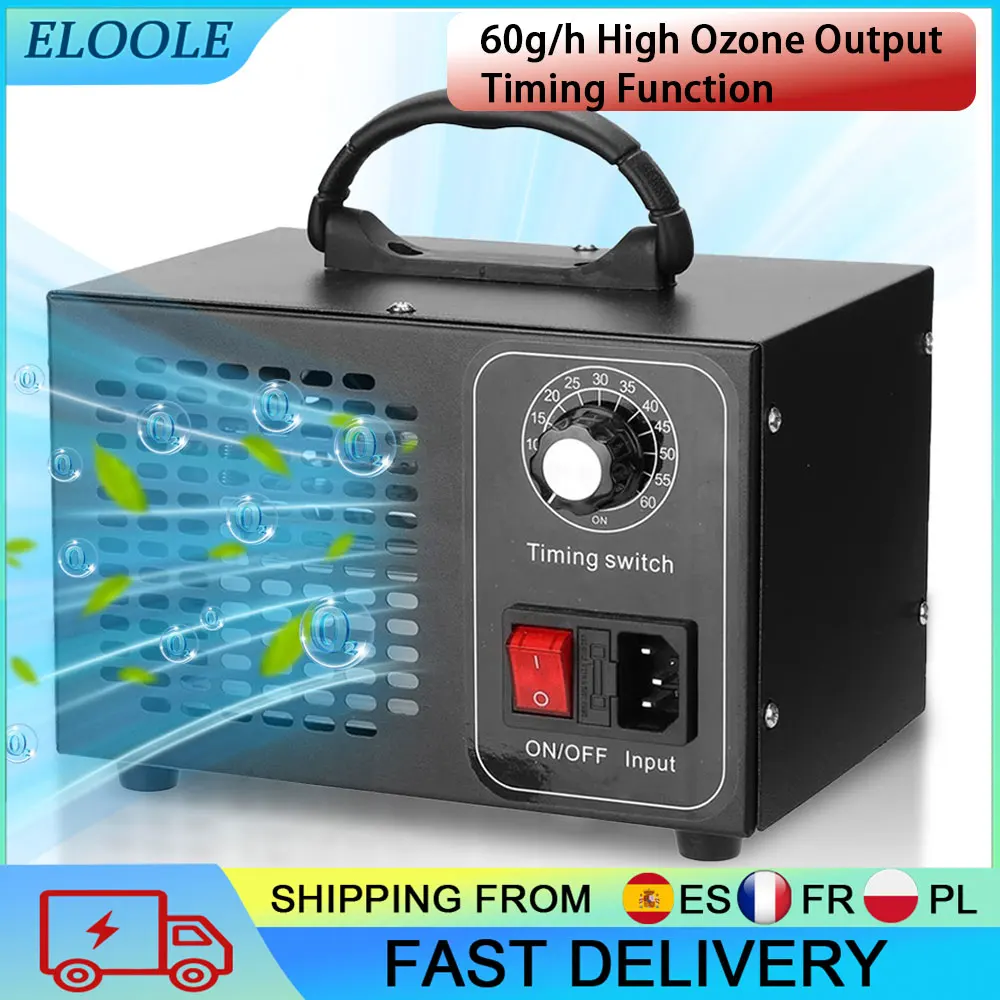 Generator ozonu 60g/h 220V Ozonizator Funkcja timera Ochrona przed przeciążeniem Odpowiedni do 100-200 m³ ㎡   Ozonator do eliminacji nieprzyjemnych zapachów w nowo remontowanych domach i nowych