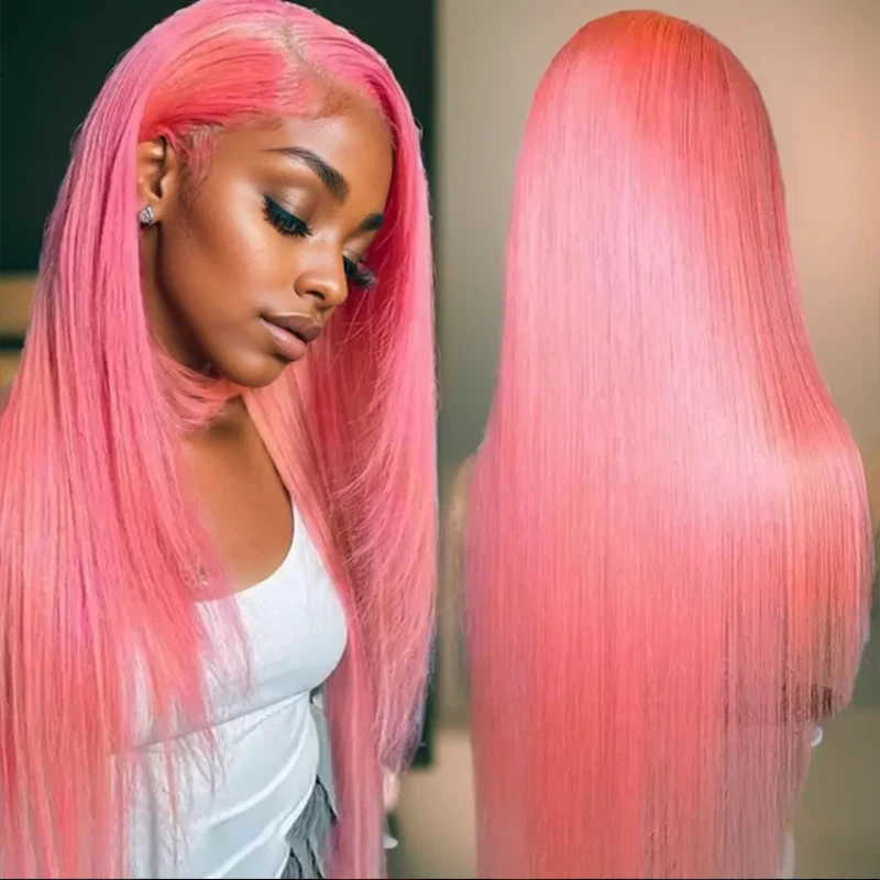 

HD Transparent 13x6 Pink Lace Front Wig Human Hair Straight lace frontal wigs 30 36 inch Preplucked Remy brazilian wigs