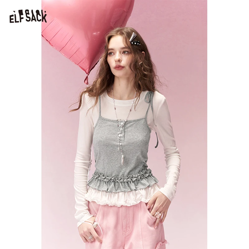 

ELFSACK Two-Layer Long Sleeve T-Shirt with Overlay Cami Design, Soft Fitted Tee, Casual Cute Tops For Women's Spring Outfit