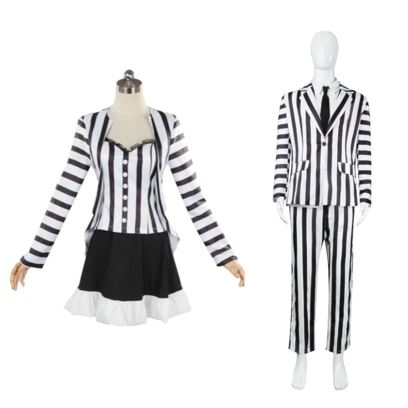 

Beetle juice Cosplay Costume Men's Striped Suit And Women's Goth Lydia Deetz Dress Outfit Halloween Fancy Dress for Pairs