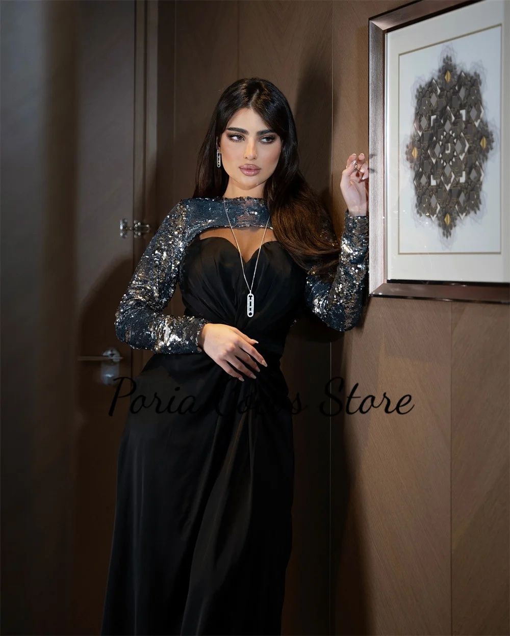 Customized Gorgeous Prom Gown For Women Luxury High Collar Long Sleeves Patchwork Sheath Evening Party Dresses فساتين للحفلات ال