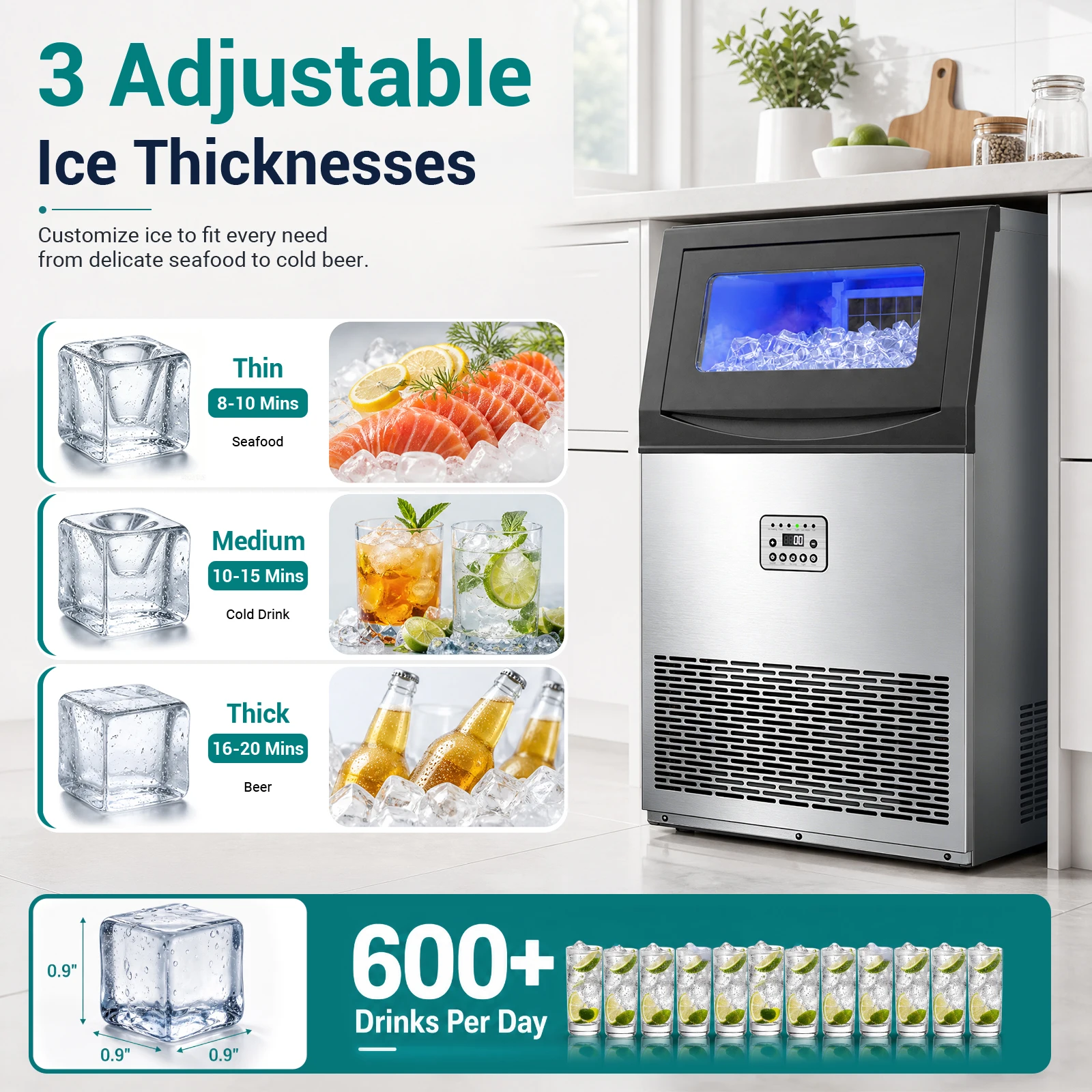 Commercial Ice Maker Machine 200Lbs/24H, 50Lbs Storage Bin, Freestanding & Under Counter Ice Maker | 55 Ice Cubes in 5-15 min | Thicknesses Adjustable | Commercial Ice Machine, Stainless Steel image 8