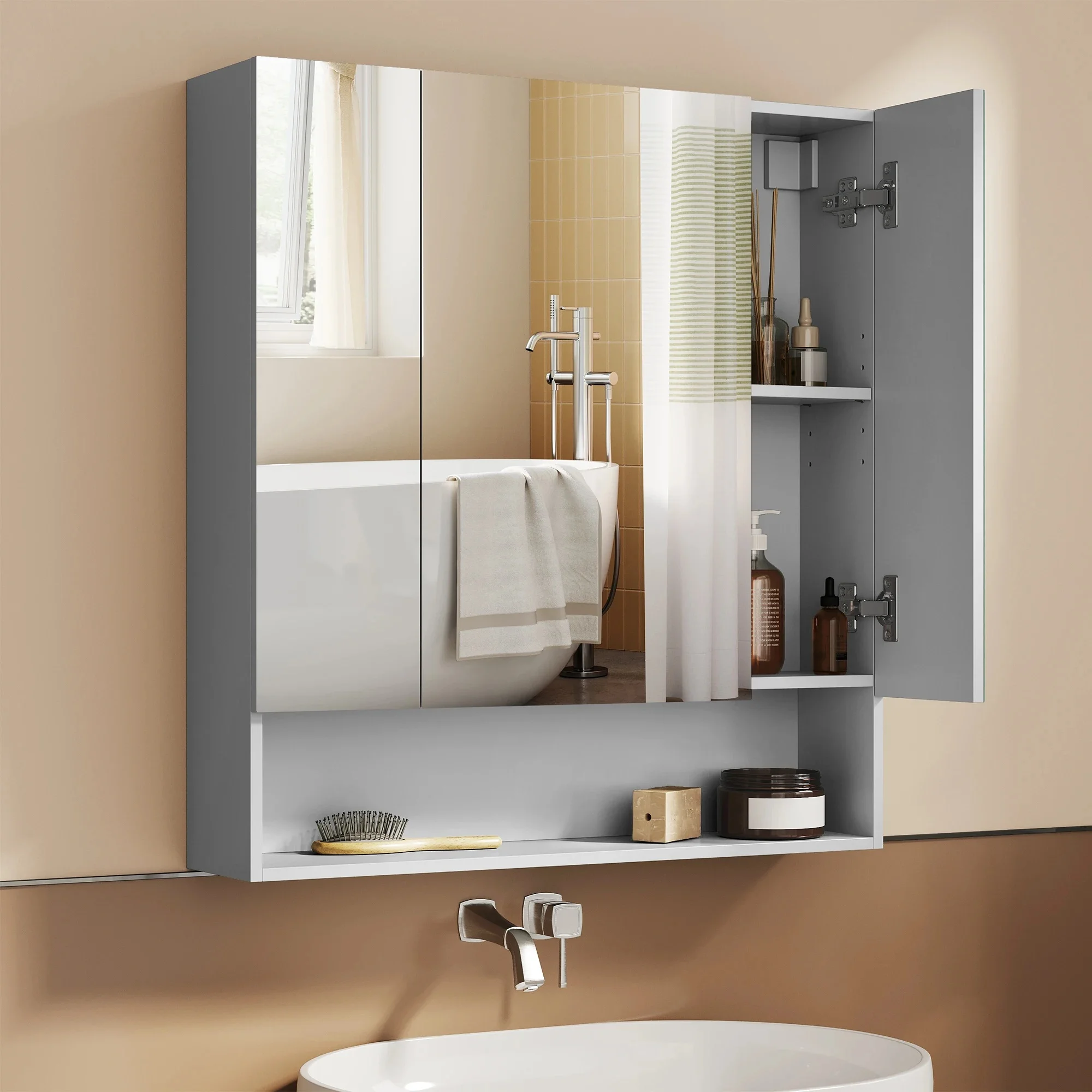 VASAGLE Badkamerkast met 3 deuren, spiegelkast, badkamerkast, open vak, verstelbare planken, 16,5x70x75 cm - afbeelding 2