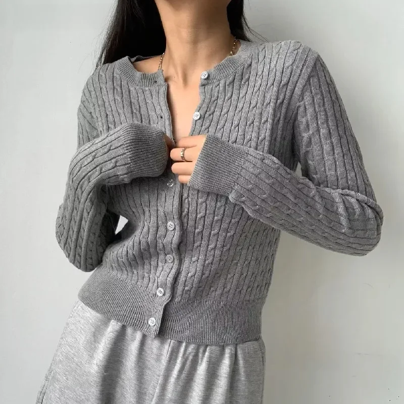 4 Colors Women Cable Twist Knitted Cardigan Round Collar Center Buttons Sweater Full Sleeve Short Jumper Gray