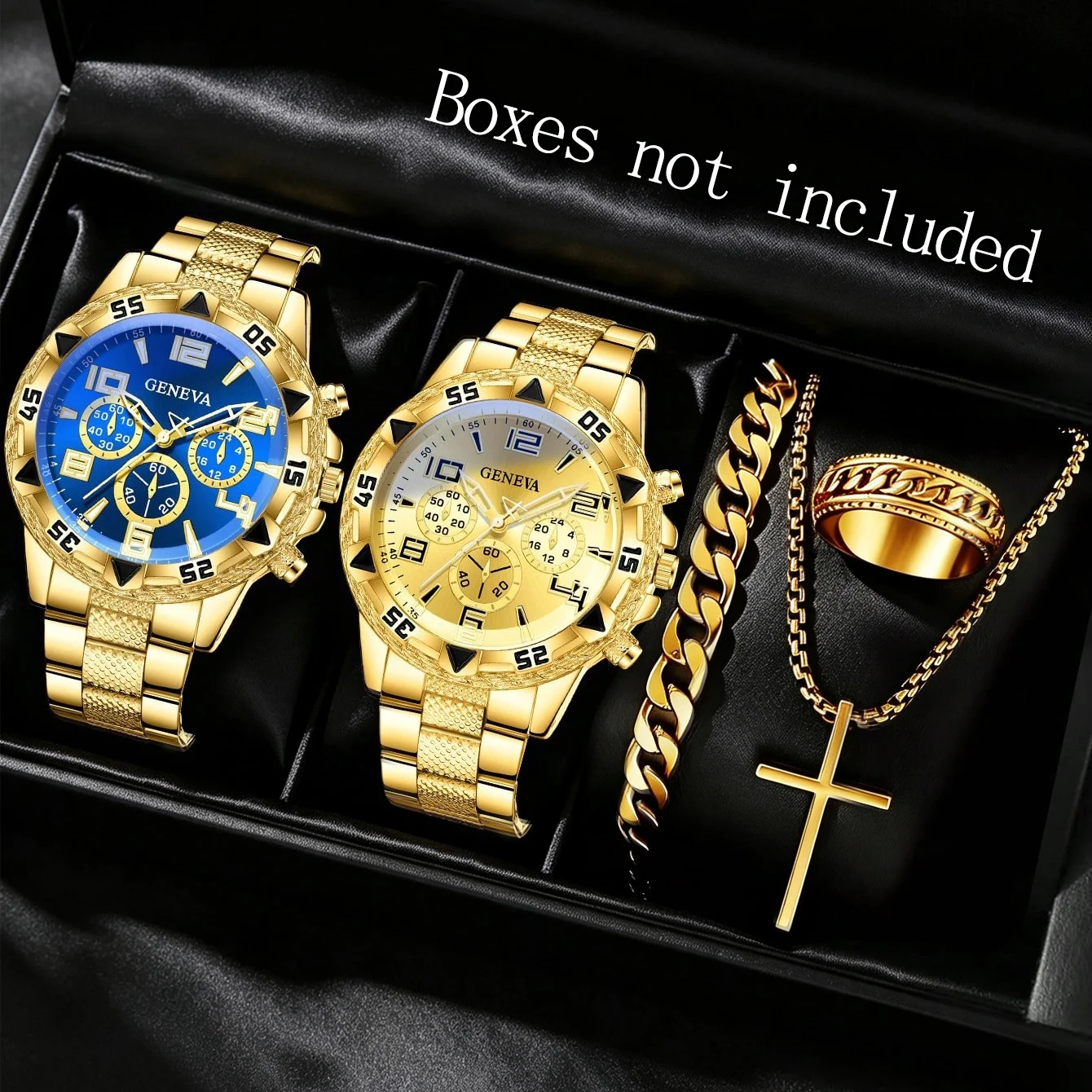 5-Piece Set of Men's Geneva Watches, Luxury Chronograph, Quartz Wristwatch, Stainless Steel Strap, Suitable for Men's Business Casual Wear, Daily Wear, Holiday Parties, and Various Occasions
