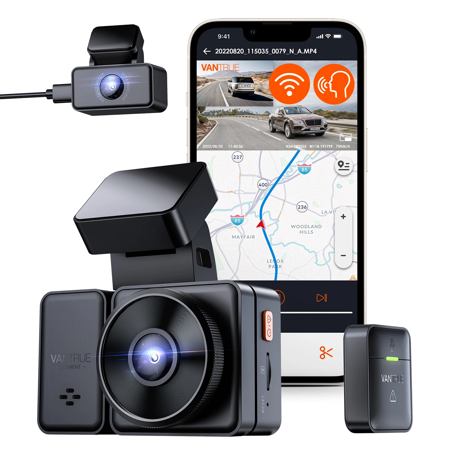 Vantrue E2 Dash Cam Front and Rear with Voice Control, Dual Dash Camera for Cars, WiFi, GPS, STARVIS Night Vision, Parking Mode