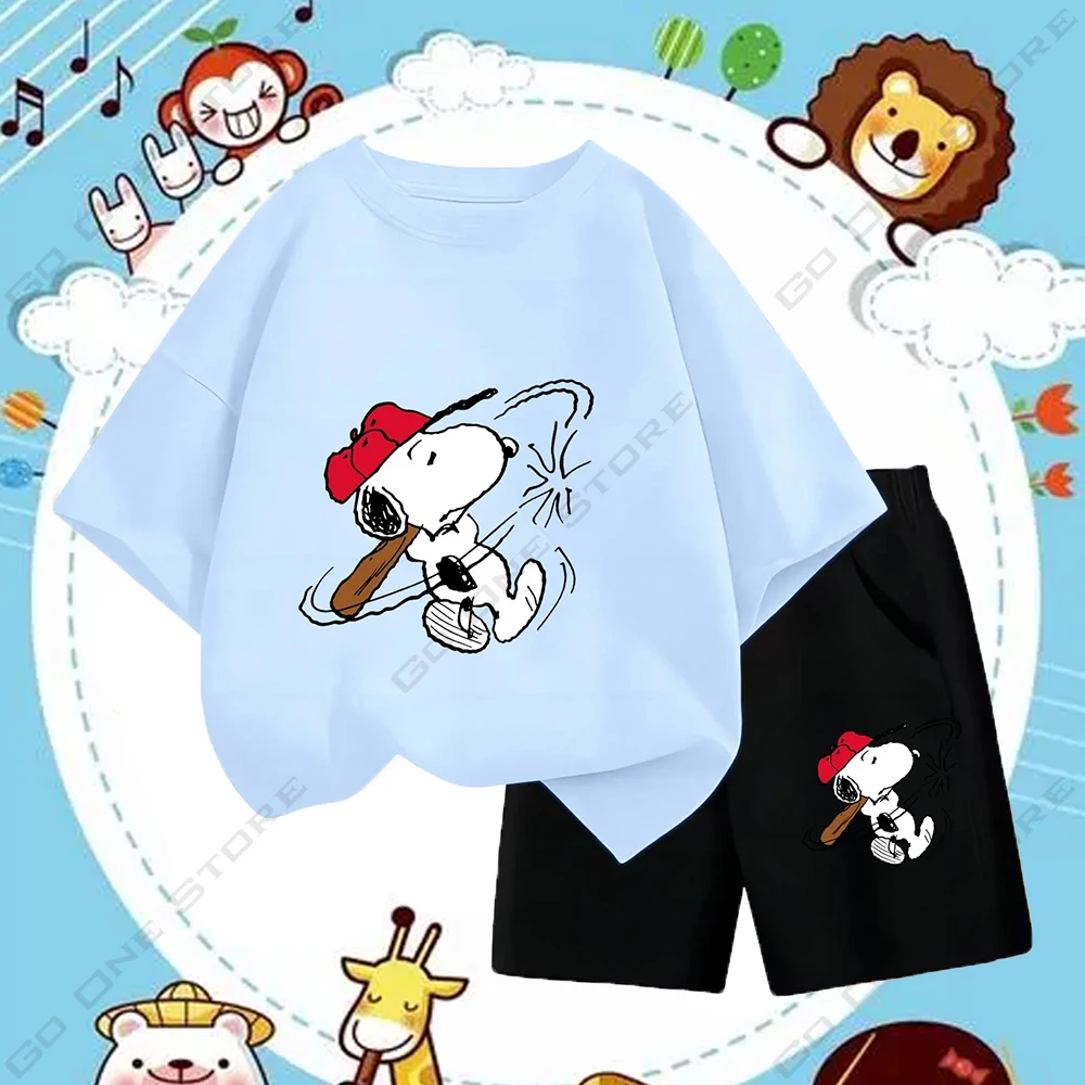 

Playing Baseball Snoopy Printed Cute T-Shirt Set 2 Piece Boys Girls Beach Suit Summer Kids Sports Suit O Neck Street T-shirt Top