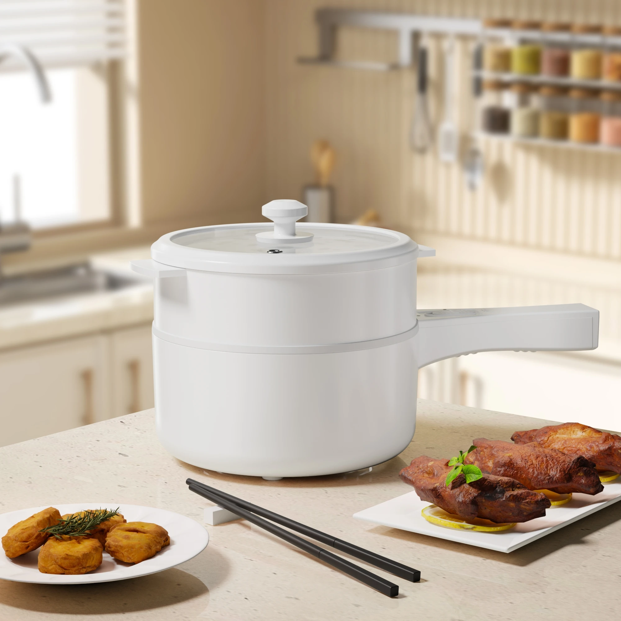 Hot Pot Electric with Steamer, Non-Stick Fryer Pan, Rapid Noodles Electric Pot for Steak, Soup with Power Adjustment