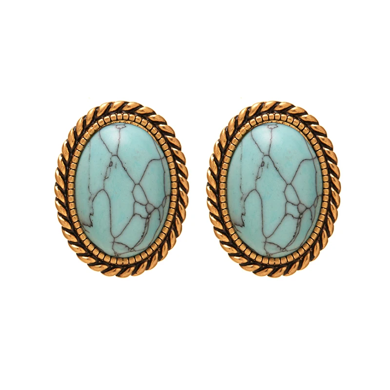 Fraya Elegant Turquoise Earring for Women Elliptical 925 Sterling Silver Needle 18K Gold Plated Birthday Party Christmas Jewelry