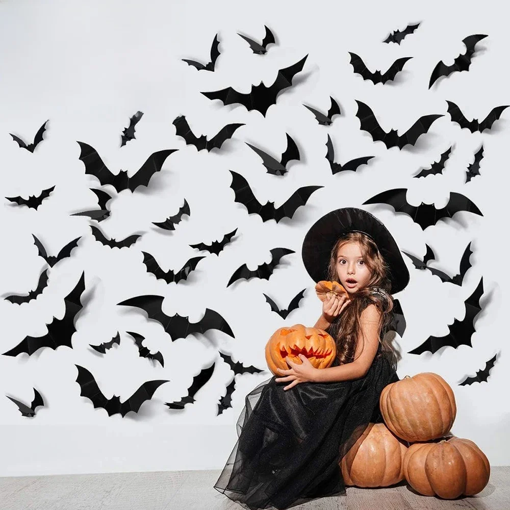 Dekoracje na Halloween Nietoperze, nietoperz 3D Pvc na ścianie, naklejki ścienne z czarnymi nietoperzami, straszne rekwizyty na Halloween — 2