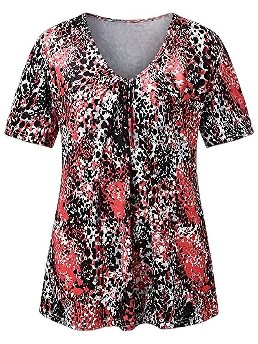 2023 summer fashionable blouse digital print leopard print blouse chest pleated V neck short sleeve casual T-shirt women