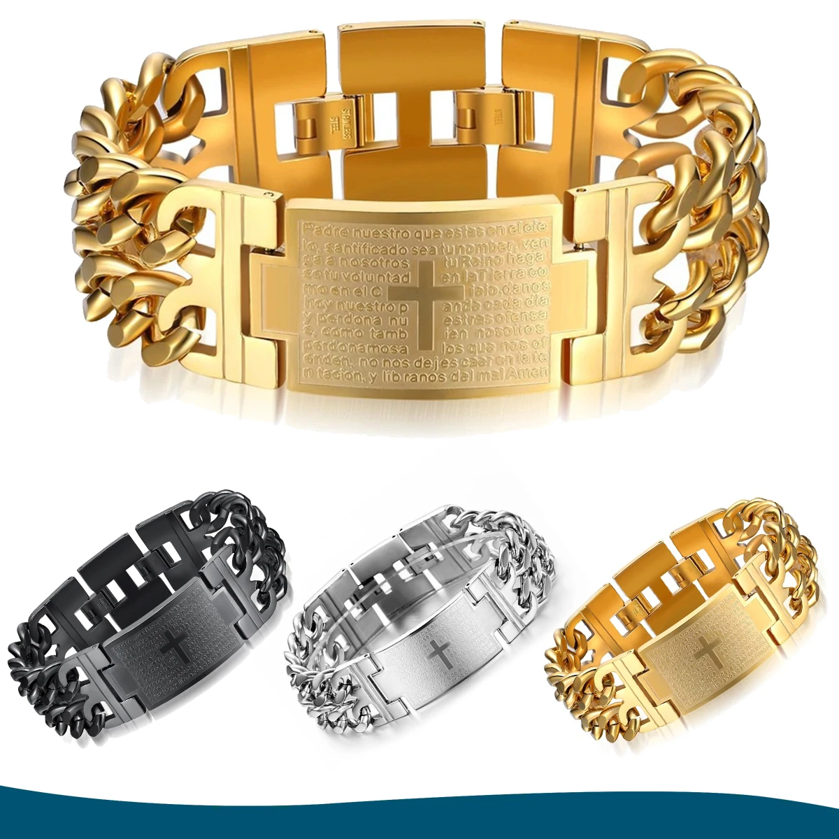 

Men's Bracelet Punk European and American men's cross double row denim chain titanium steel jewelry