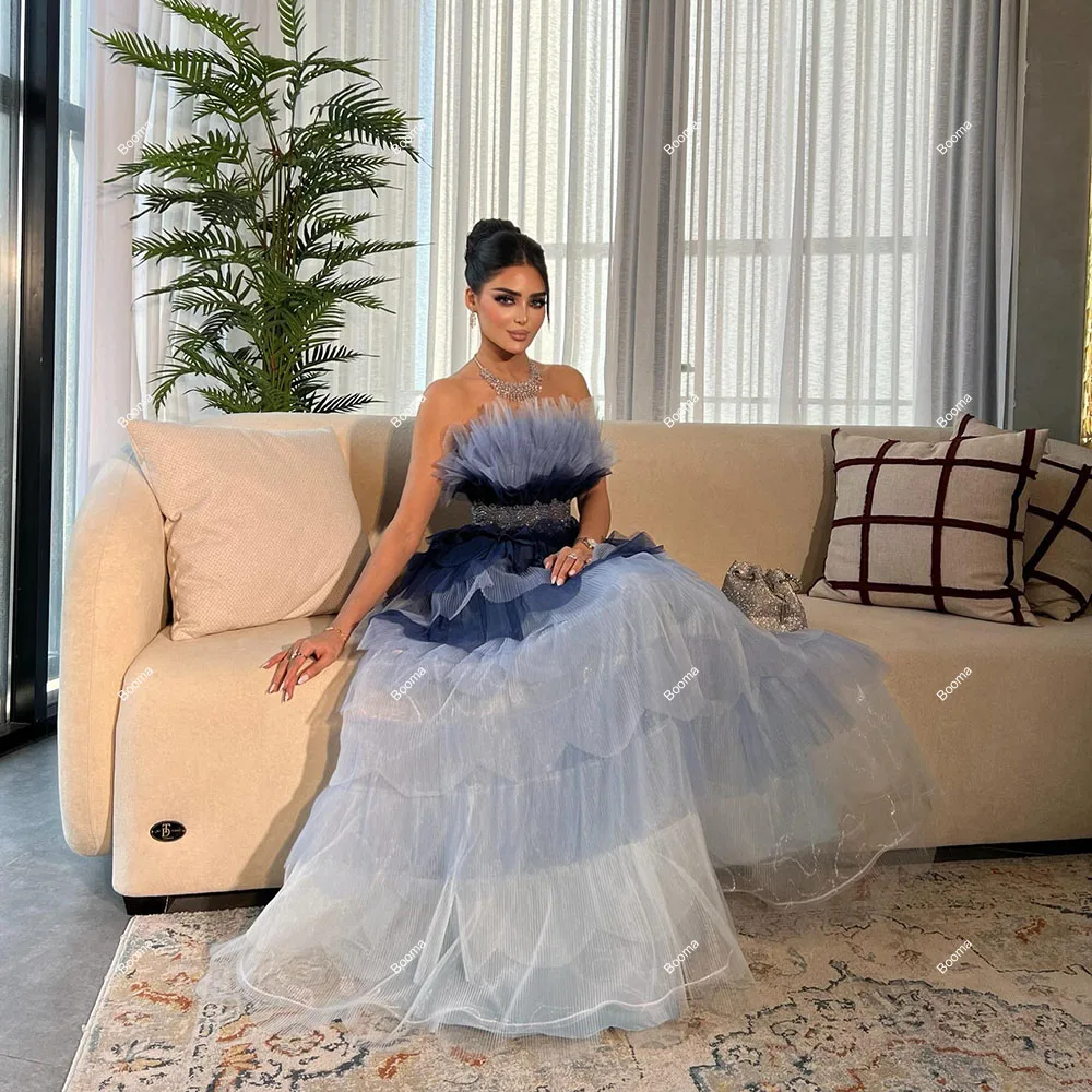 Booma A-Line Prom Dresses Strapless Tiered Tulle Long Formal Occasion Gowns for Women Arabic Party Evening Dress Dubai