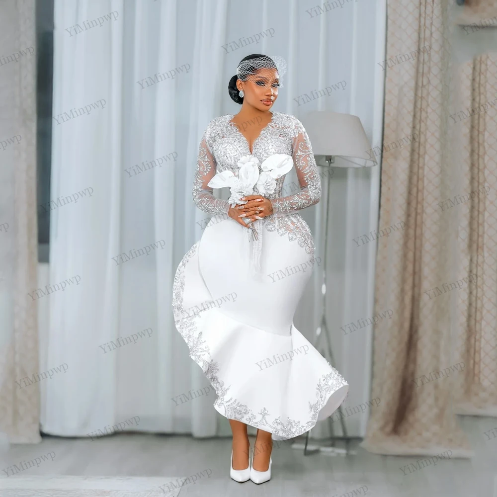 2026 Civil Mermaid Wedding Dresses for Women Bride Long Sleeves Rhinestone Tea Length Aso Ebi Bridal Reception Gowns Customized