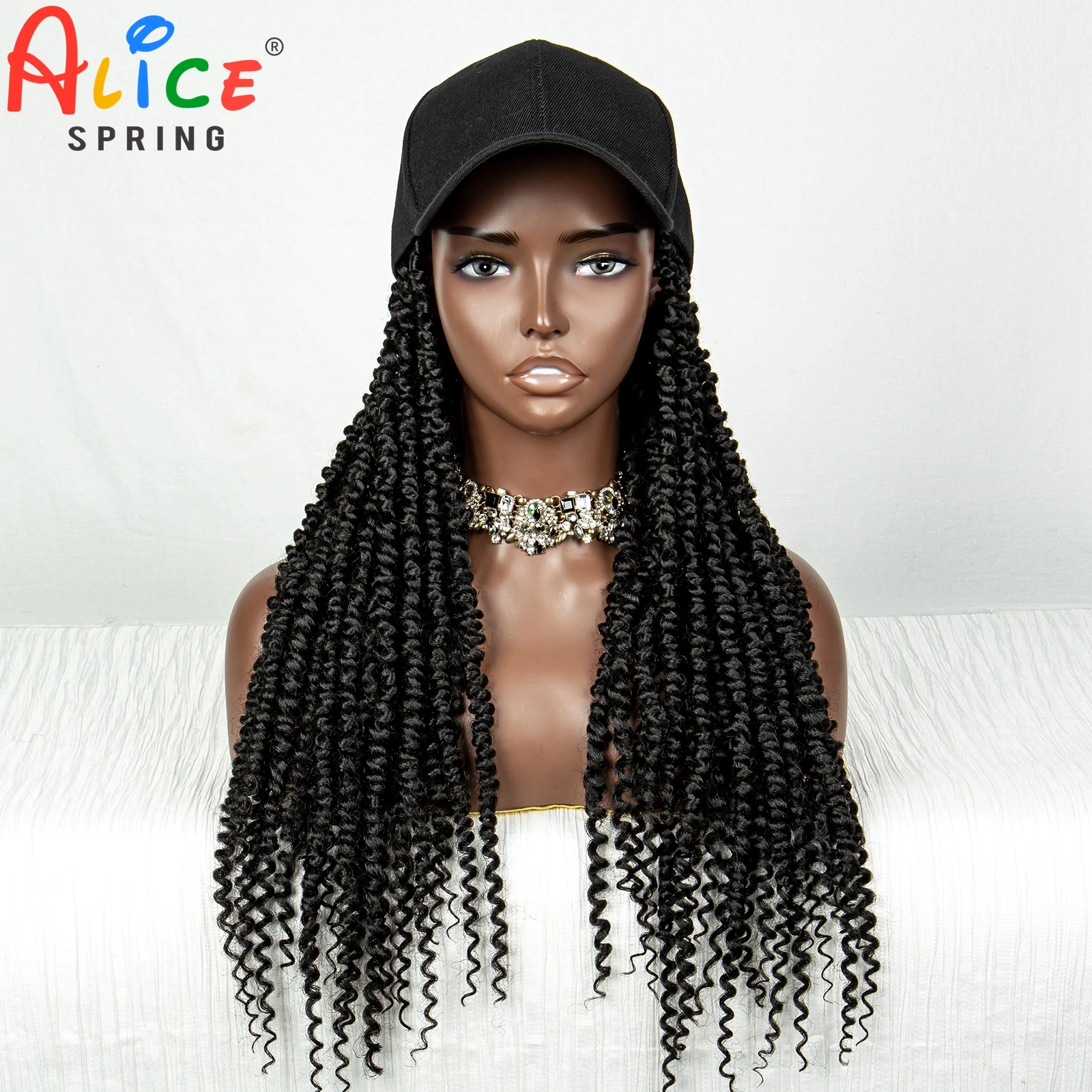 

Black Baseball Hat with 20 Inches Synthetic Braided Hair Extensions Connect Adjustable Braided Hat Wig with Brown Braiding Hair