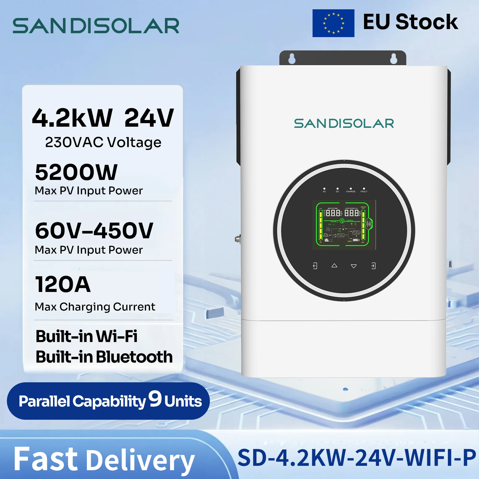 SANDISOLAR 24V 4.2K Off-Grid Inverter 24V 4200W with 500V120A MPPT and Dual AC Output for Smart Load Management EU Stock