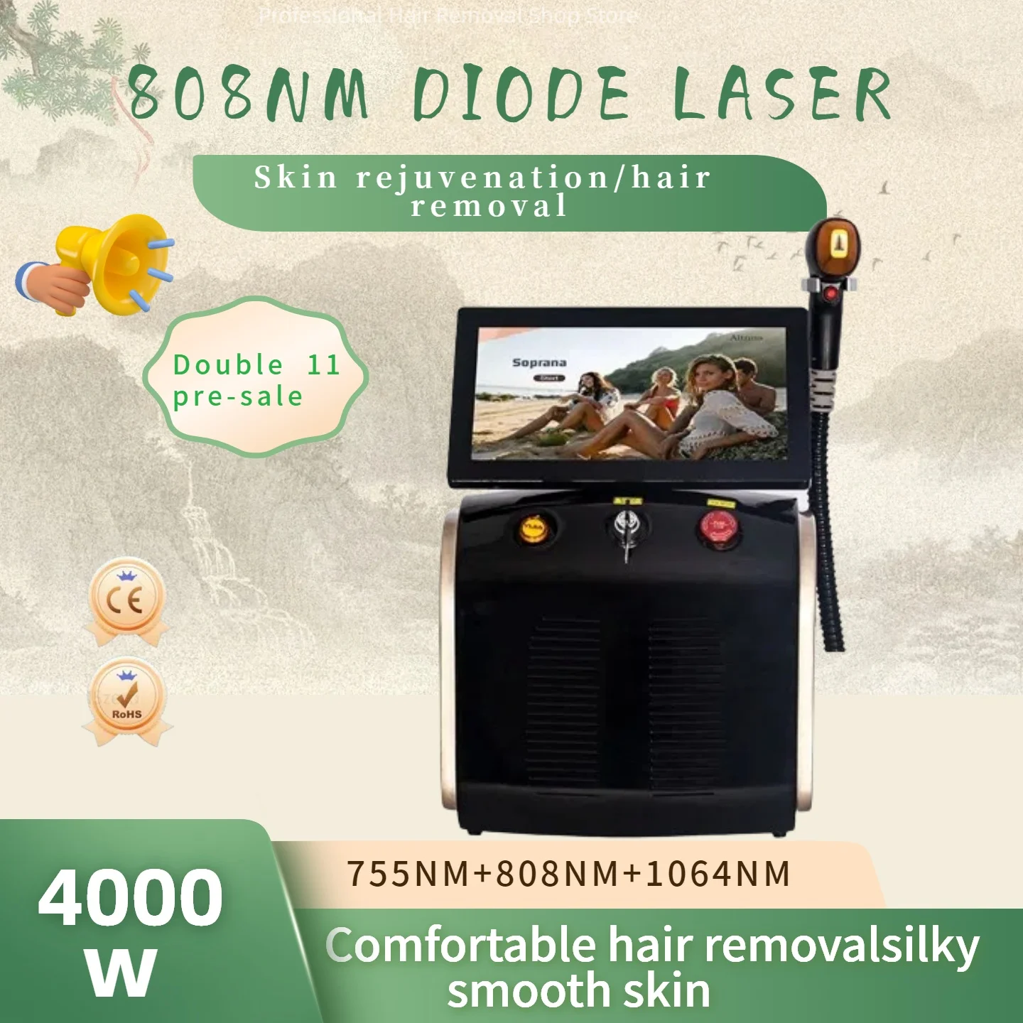 

Double 11 Sale! NEW 808nm Alexandrite Diode Laser Device 3 Wavelengths Permanent Hair Removal Machine CE Certified.