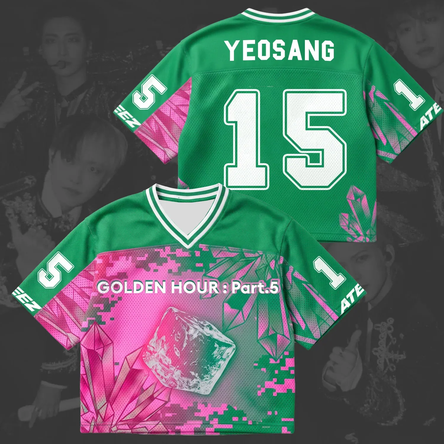 Women ATEEZ ATINY Cropped Jersey T-Shirt Golden Hour Part.5 Crystal Graphic V-Neck Crop Top Kpop Concert Fan Short Sleeve Tee