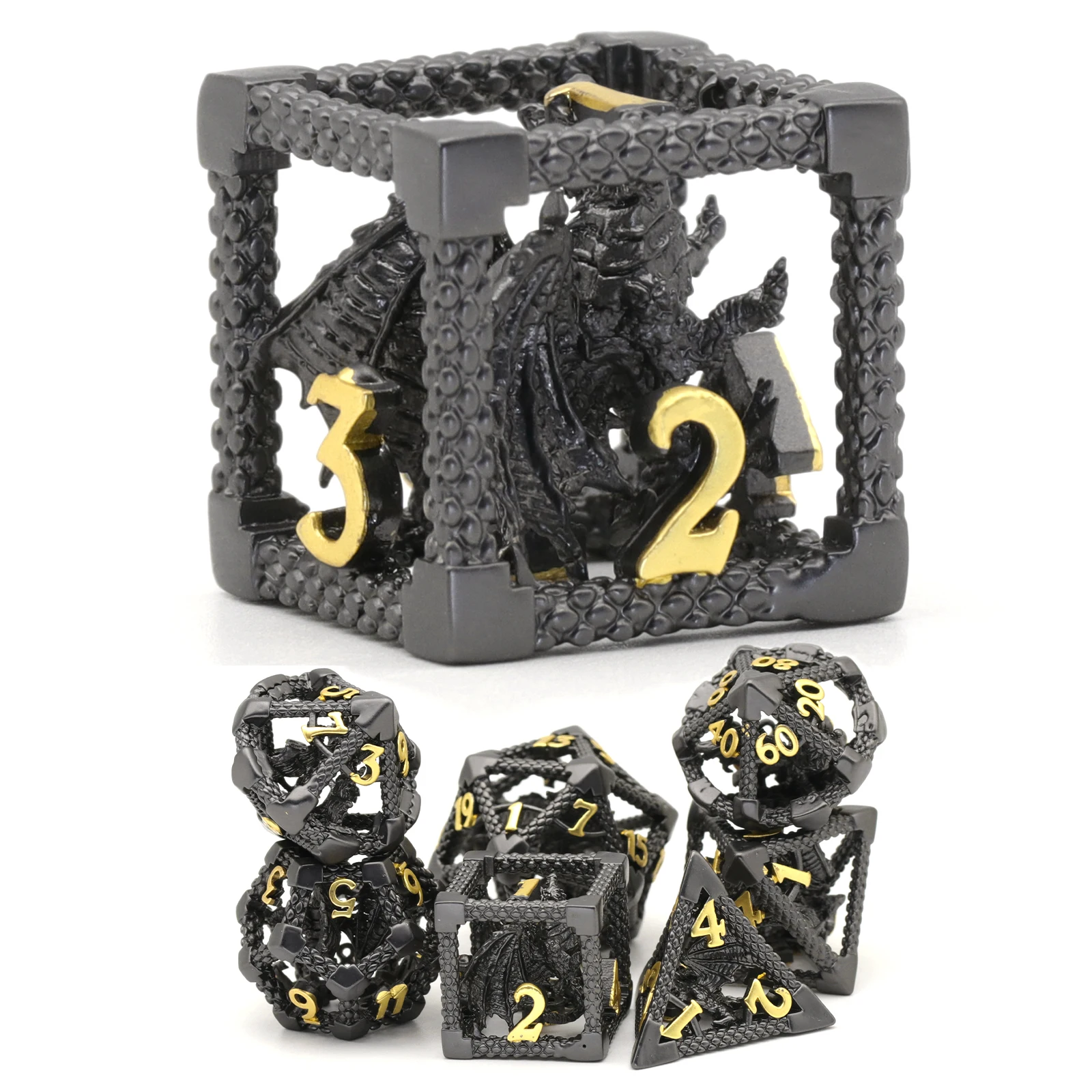 Dragon Metal Dice,  7PC/Set Polyhedral Dice for Role Playing Game Dungeons and Dragons Dices, RPG Dice(Black Glod)