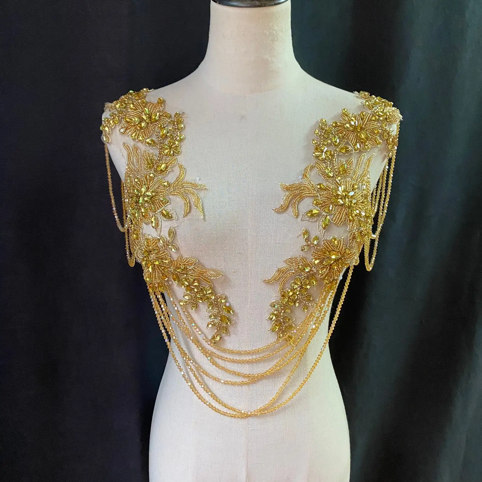 Gold Rhinestone Applique With Fringe and Chains For Dress Body Jewelry with Fringe Crystal Embellishment for Couture