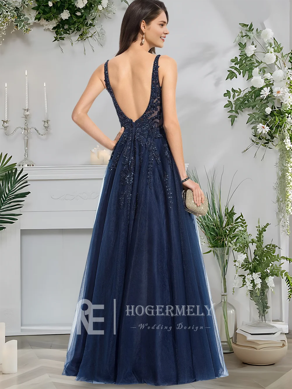 

C Women Prom Dresses 2025 A-Line V-Neck Floor-Length Lace Tulle Evening Dresses With Sequins Beading Dark Navy Formal Party Gown
