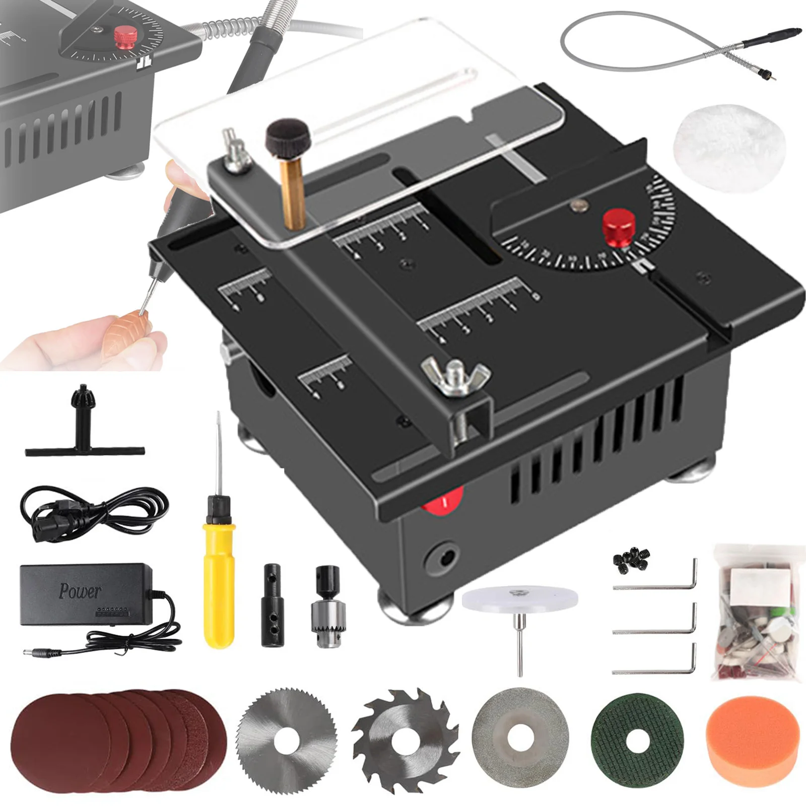 OWJHE DC24V 100W Mini Tafelzaag Krachtige Elektrische Werkbankzaag 7-Snelheden Verstelbare DIY Modelhuis Snijmachine 35mm Blad