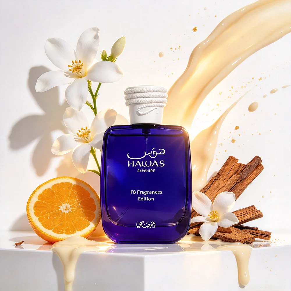 Rasasi Hawas Sapphire X FBFragrances Edition Unisex Eau De Parfum 100ml Tropical Marine Scent Guava Blackcurrant Bergamot Opening Orange Blossom Sandalwood Heart Musk Tonka Bean Ambergris Base for Summer Daily Wear Gift