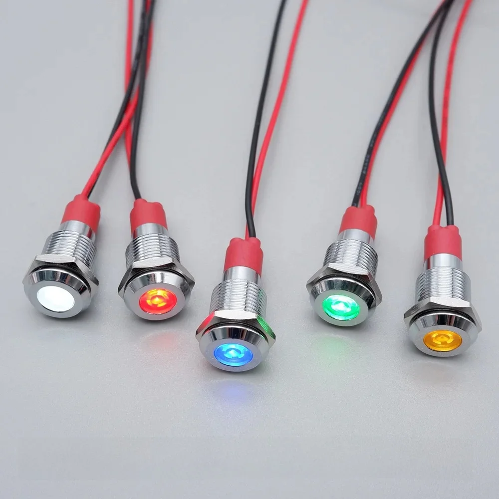 Lampe de signalisation LED en métal, 6mm 8mm 10mm 12mm, avec fil 3V 5V 6V 12V 24V 110V 220V, rouge bleu vert jaune blanc
