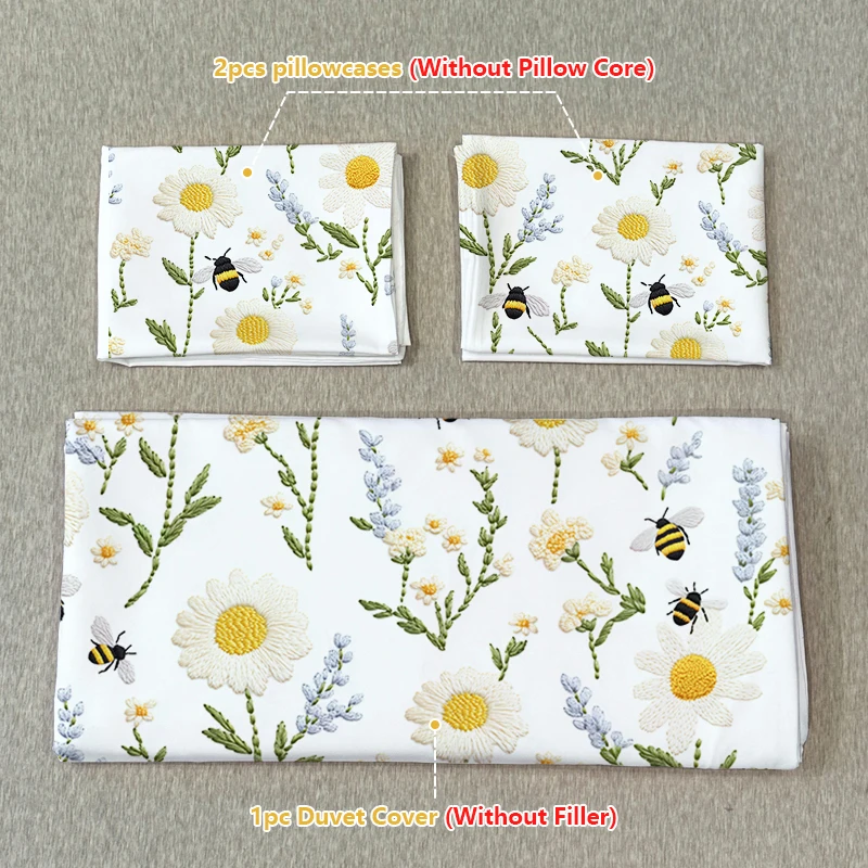 3PC Bee and Daisy Duvet Cover Set, Featuring a Pastoral Floral Print Pattern (1 Duvet Cover+2 Pillowcases), Machine Washable
