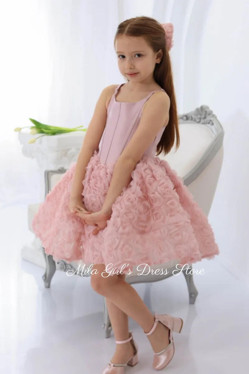 Lovely Short Flower Girl Dresses Party Birthday Princess Dress Sleeveless Pink 3D Rose Toddlers Wedding Formal Mini Ball Gowns
