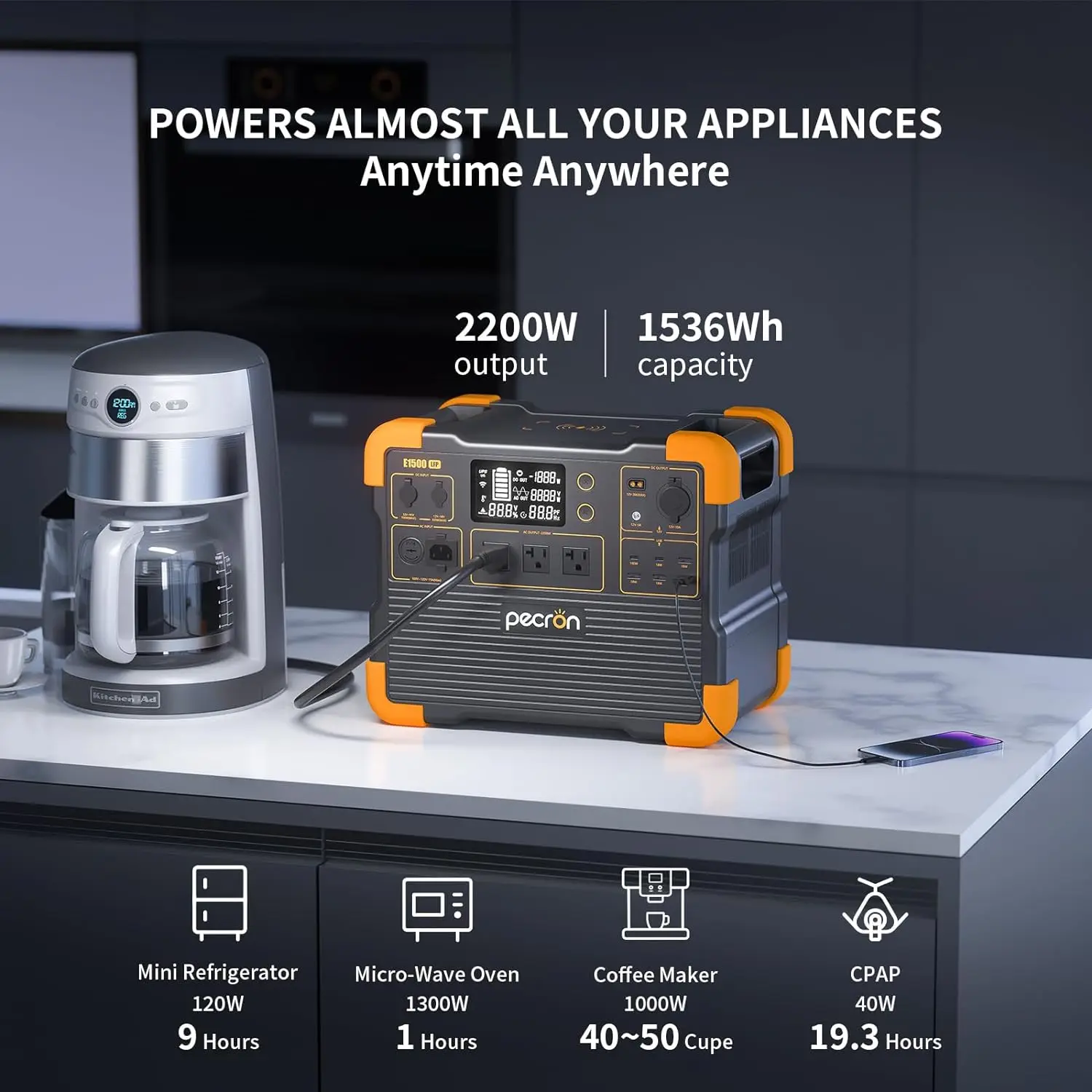 Pecron E1500LFP 2200W 1536Wh Generator tenaga surya baterai LiFePO4 stasiun daya portabel untuk berkemah Rumah memancing RV UPS Power Bank