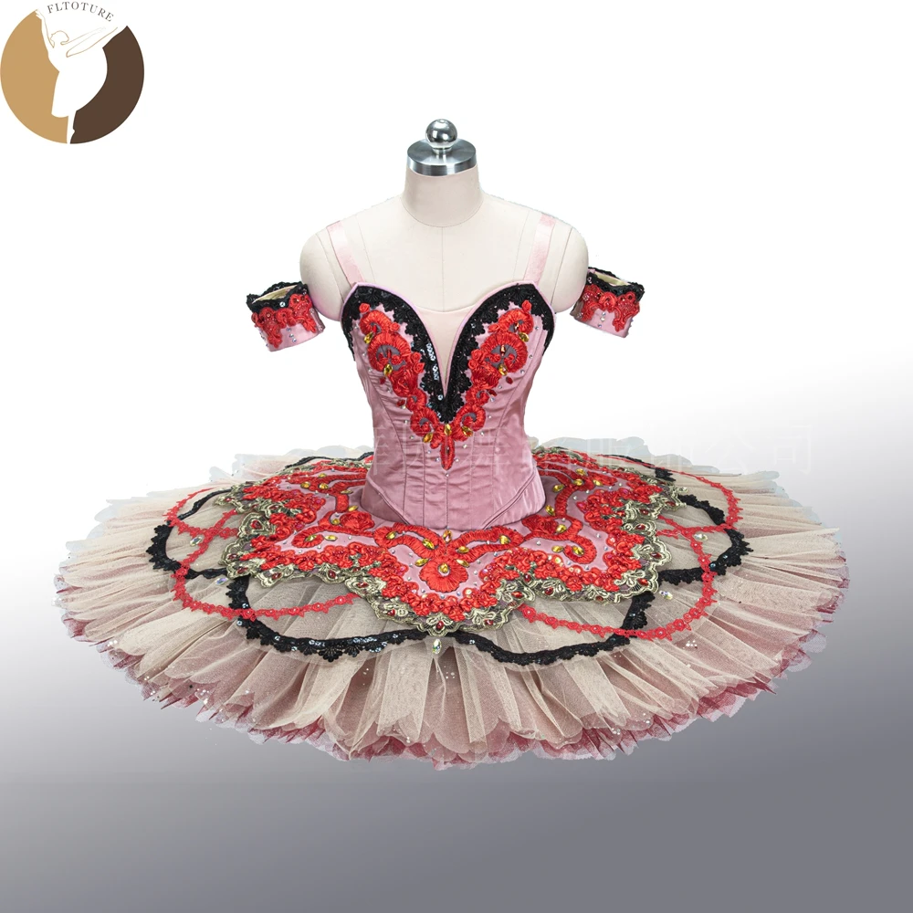 

FLTOTURE QW1477 High Quality Close-Fitting 10 Layers Ballet Variation Don Quixote Performance Girs Red Pancake Tutu Skirt
