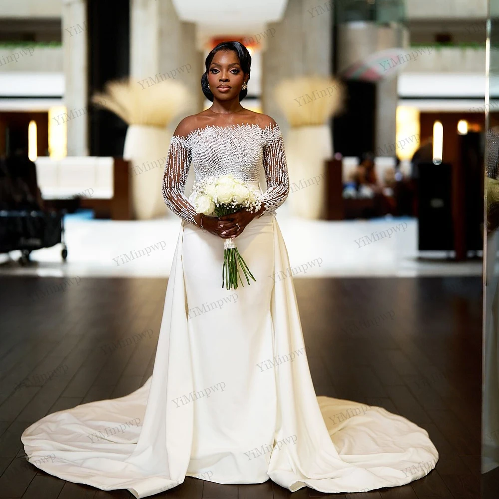 

Beading Africa 2 In 1 Wedding Dresses Full Sleeve Detachable Train O-Neck Satin Mermaid Luxury Aso Ebi Bride Gowns Customized