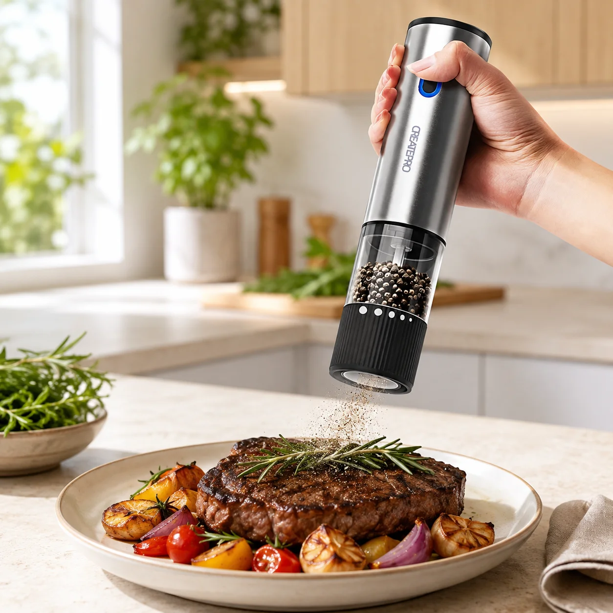 Rechargeable Salt and Pepper Grinder,Adjustable Coarseness Automatic Electric Pepper Mill,Stainless Steel Case with Rechargeable Battery,Suitable for Home Kitchen BBQ, Restaurant, Outdoor, Wedding Gift