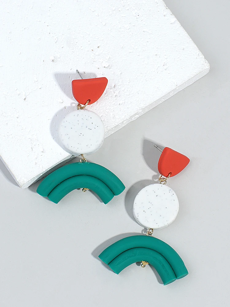 AENSOA Handmade Green Strip Arched Polymer Clay Drop Earrings for Women Speckle White Geometric Layered Hanging Earrings Jewelry