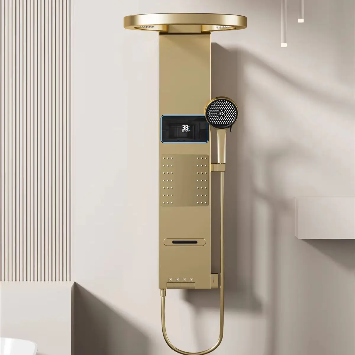 Goldener Nickel-Duschschirm Wandmontiertes Wasserfall-Duschkopf-Set Badezimmer Digitale Atmosphäre LED-Licht Duschset Schirm