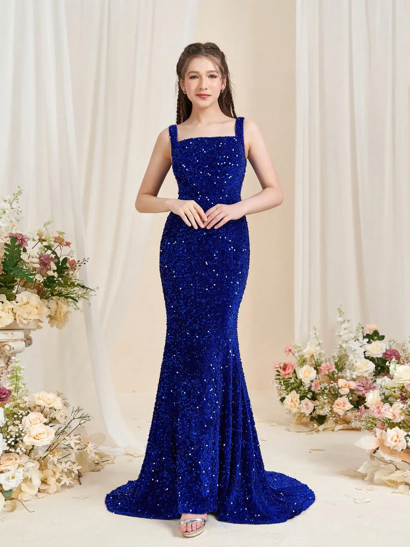 Vestido formal adornado con lentejuelas brillantes para niñas adolescentes: escote cuadrado, falda favorecedora a medida de sirena